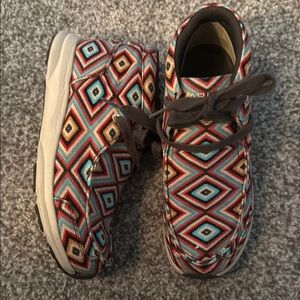Red and Blue Moccasins with Geometric Pattern